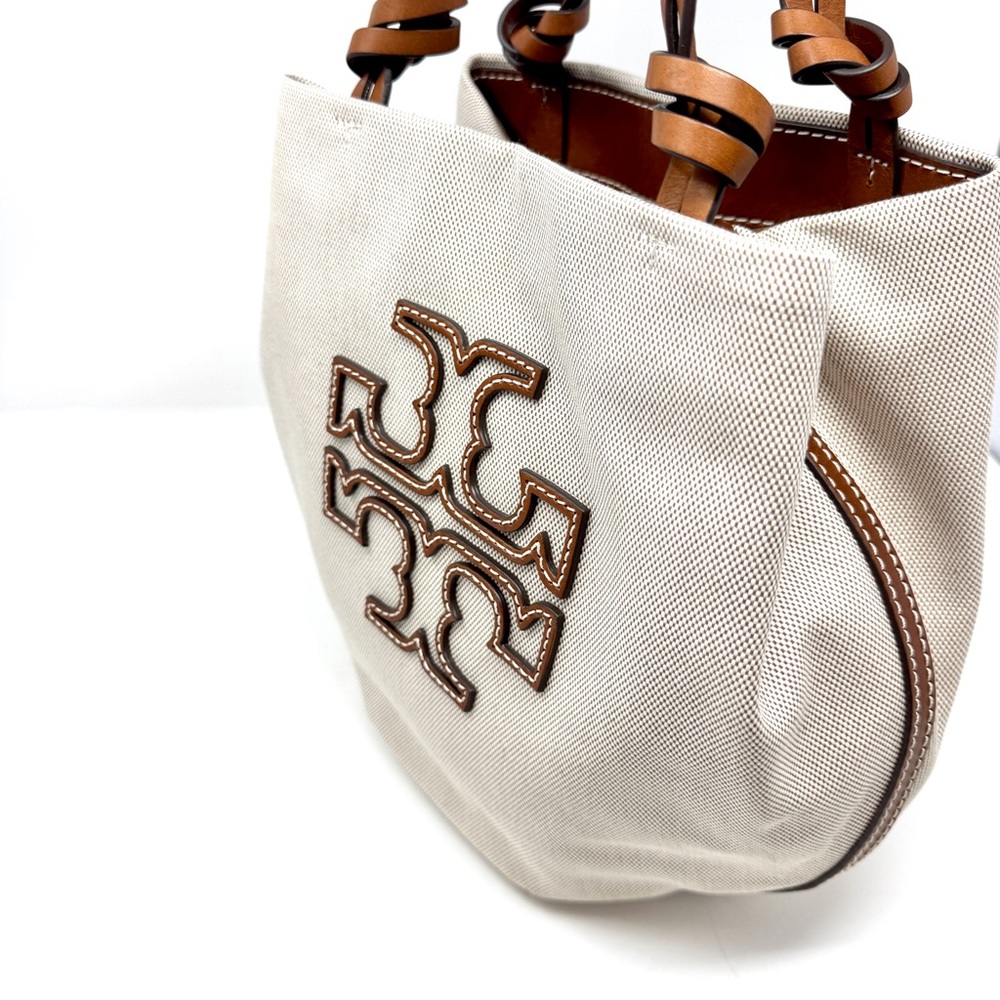 Authentic Tory Burch Small Canvas Round Tote Purse Natural / Classic - Picture 6 of 13